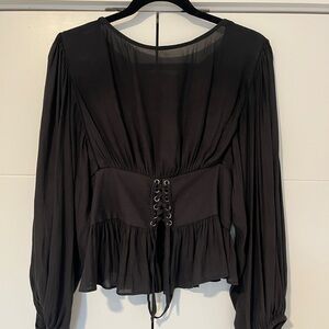 Long-Sleeve Black Lace-Up Peplum Top